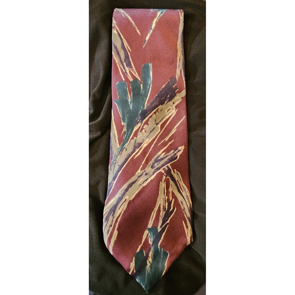 Unbranded Silk Tie Mens OS Burgundy Abstract Brushstroke Vintage Fair 90s Retro